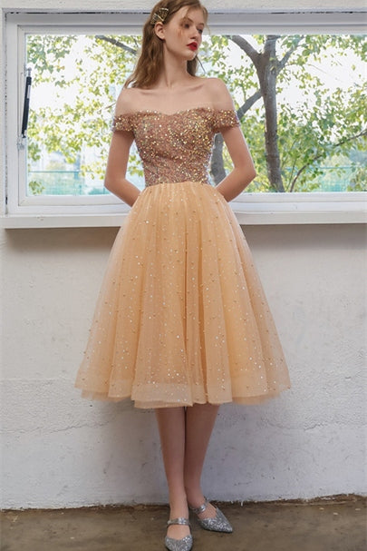 Off the Shoulder Short Gold Party Dress