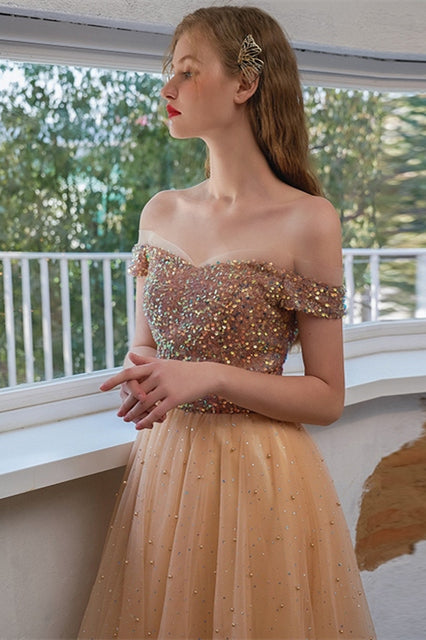 Off the Shoulder Short Gold Party Dress