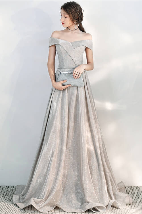 Off the Shoulder Silver Long Evening Dress