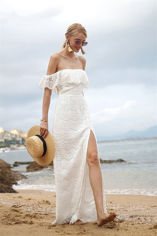 Off the Shoulder White Lace Maxi Dress White / Custom Size
