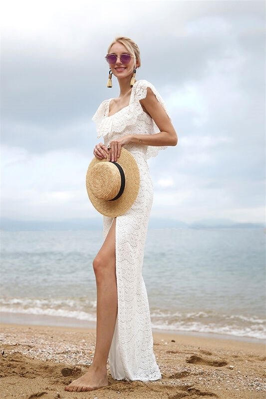 Off the Shoulder White Lace Maxi Dress White / Custom Size