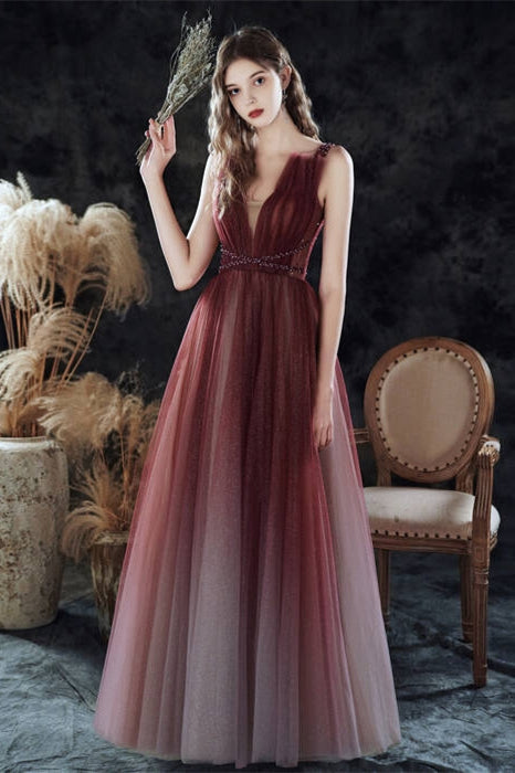 Ombre Burgundy A-line Long Evening Dress