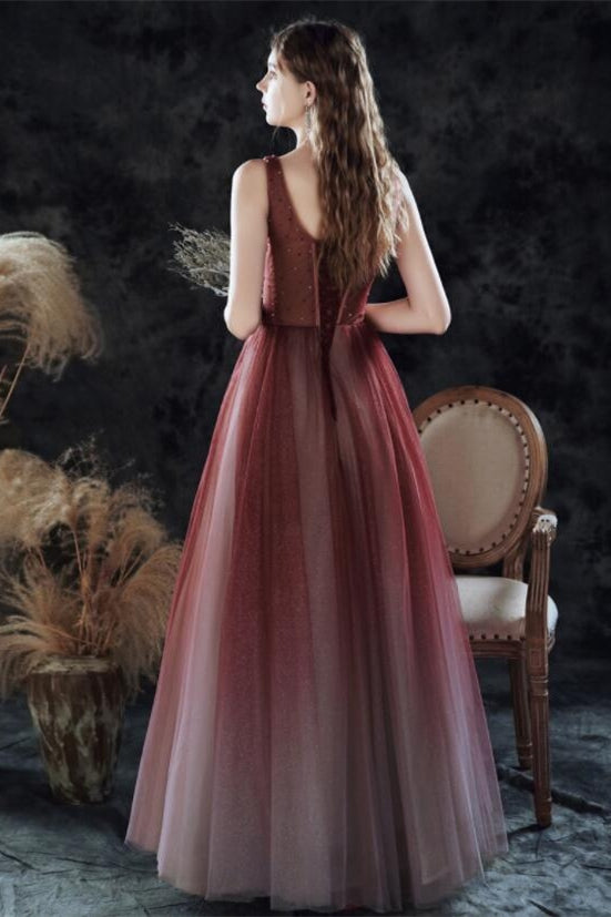 Ombre Burgundy A-line Long Evening Dress