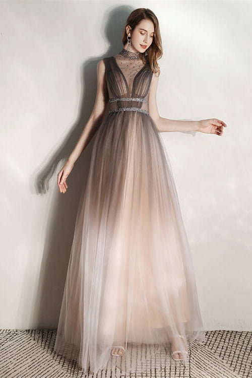 Ombre Grey High Neck See Sheer Evening Dress Joyofdress