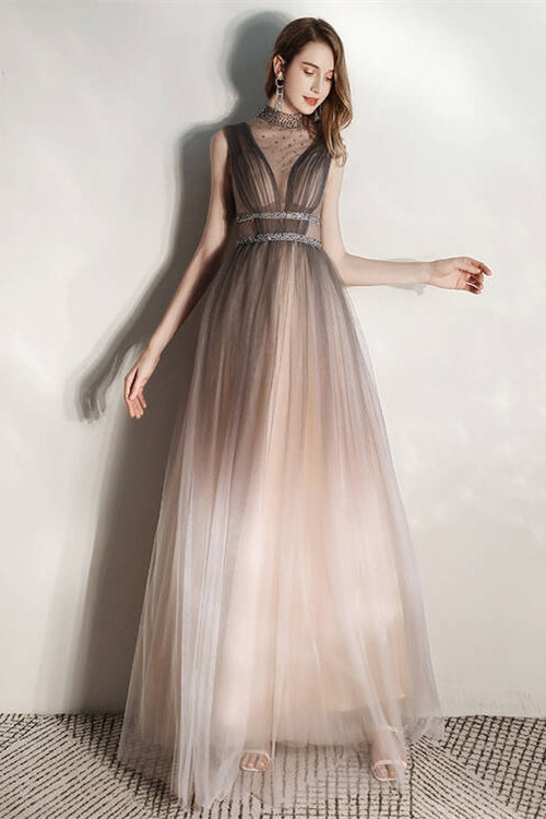 Ombre Grey High Neck See Sheer Evening Dress