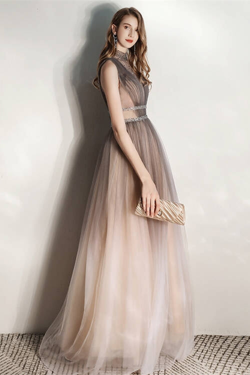 Ombre Grey High Neck See Sheer Evening Dress