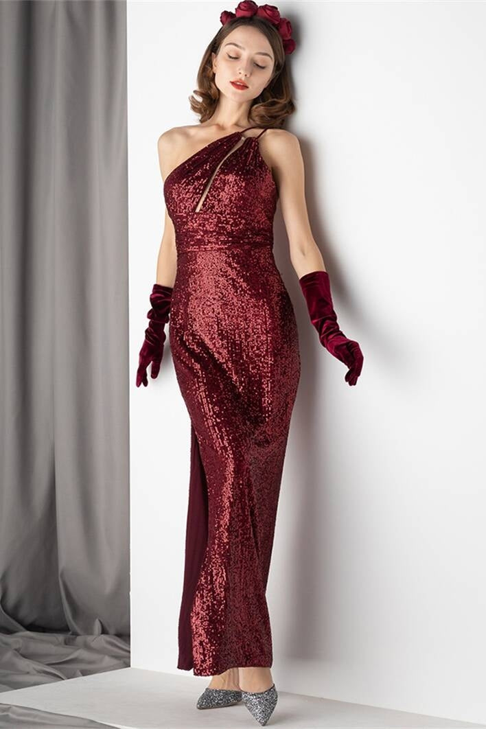 One Shoulder Burgundy Sequined Dress