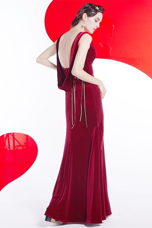 Open Back Burgundy Velvet Long Dress