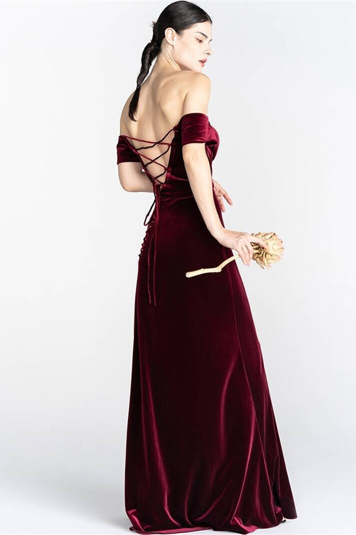 Off the Shoulder Burgundy Velvet Dress Burgundy / US 16