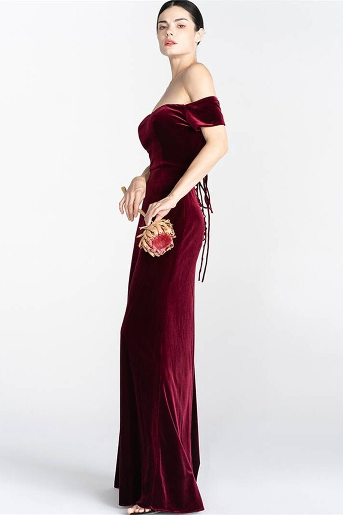 Off the Shoulder Burgundy Velvet Dress Burgundy / US 16