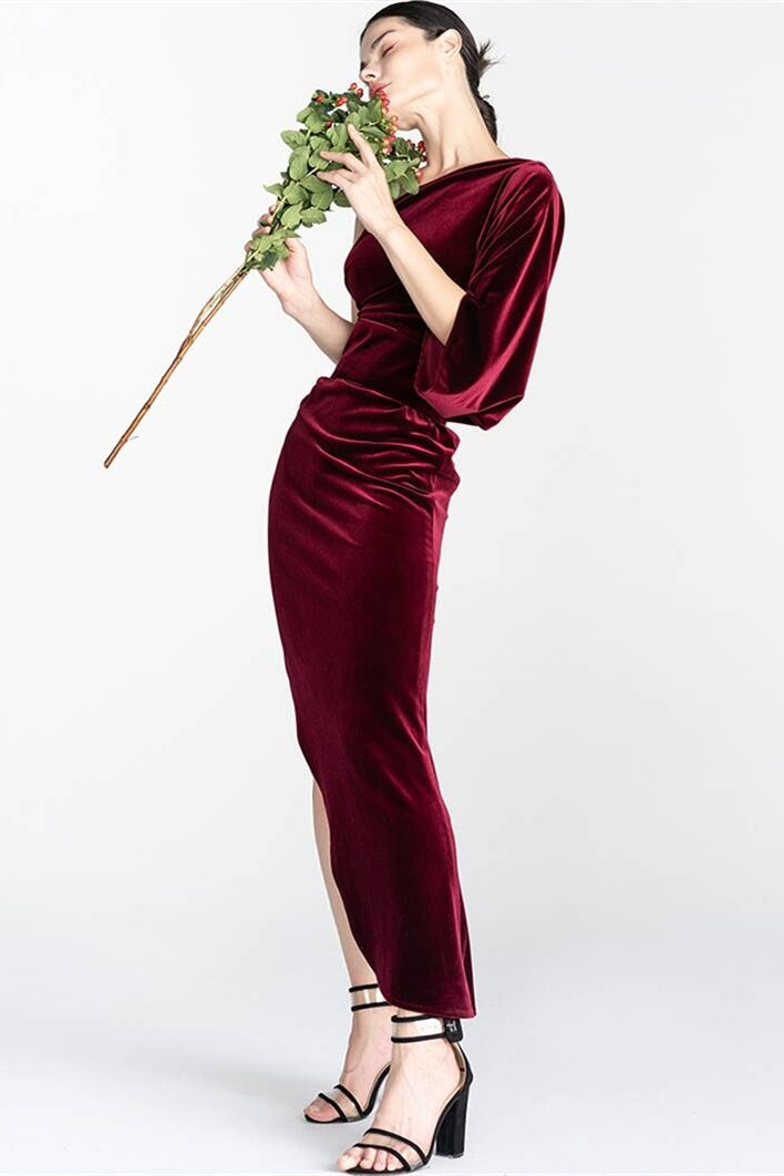 One Shoulder Tight Burgundy Velvet Dress