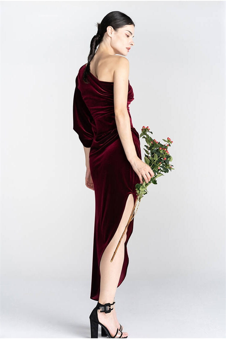 One Shoulder Tight Burgundy Velvet Dress