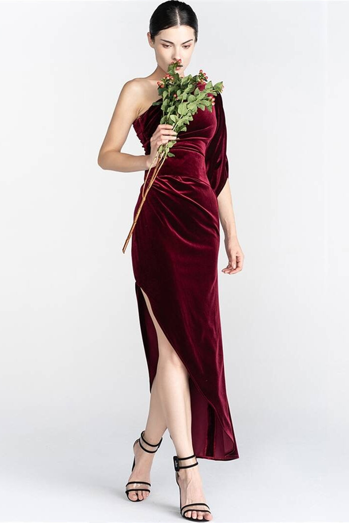 One Shoulder Tight Burgundy Velvet Dress