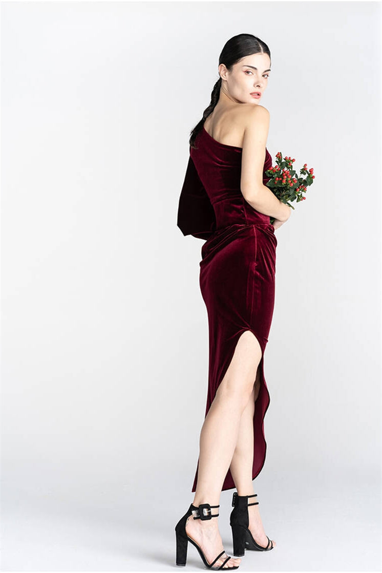 One Shoulder Tight Burgundy Velvet Dress