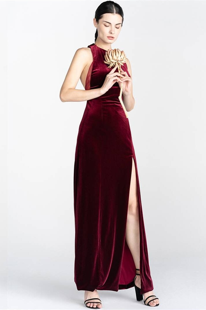 Column Burgundy Velvet Dress with Slit