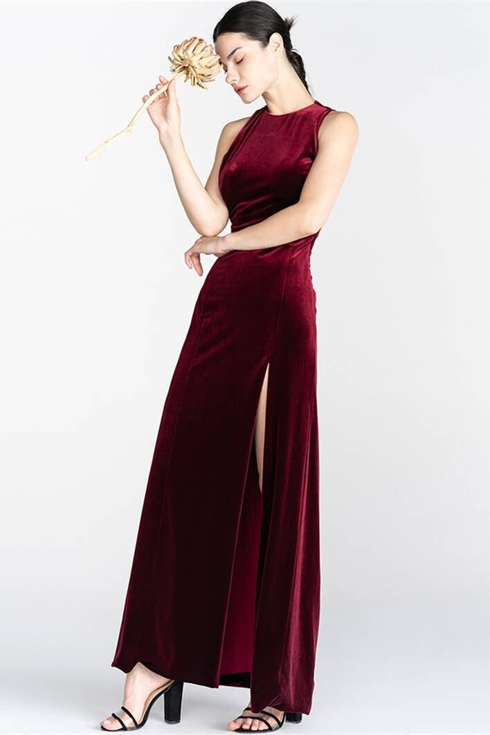 Column Burgundy Velvet Dress with Slit Burgundy / US 12