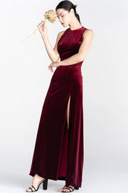 Column Burgundy Velvet Dress with Slit