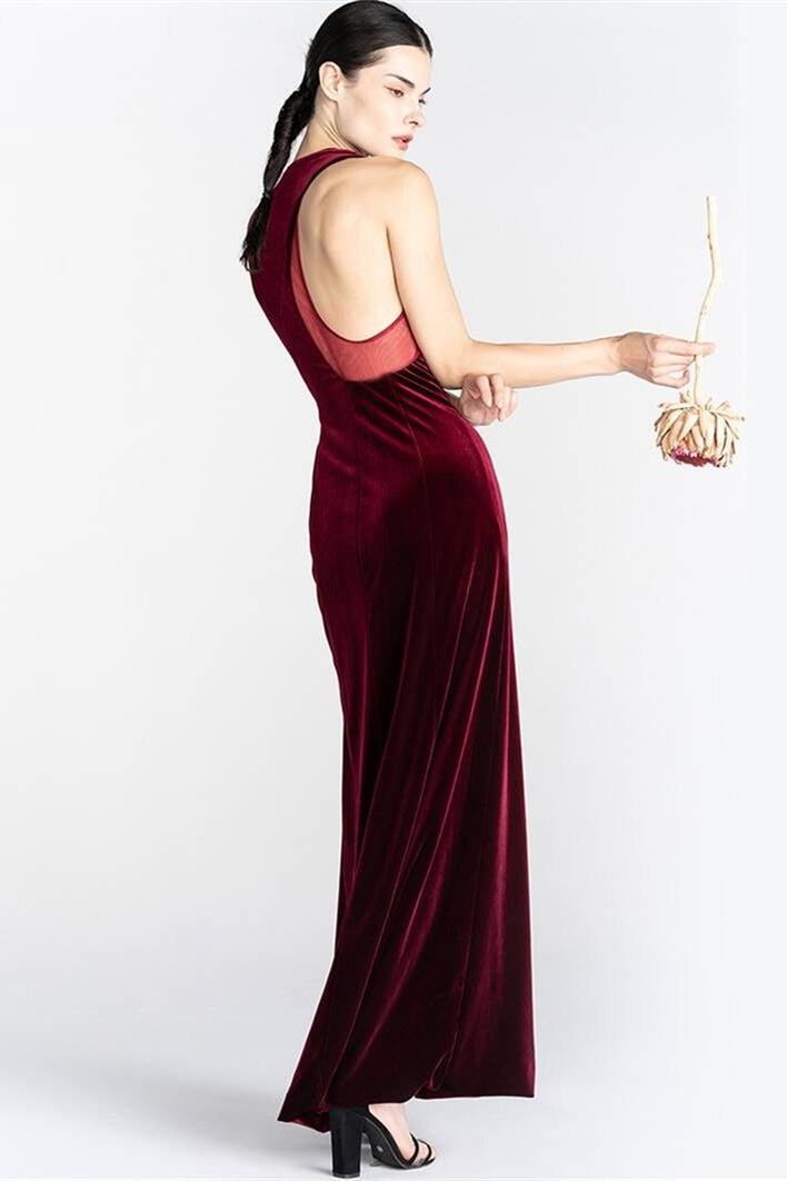 Column Burgundy Velvet Dress with Slit