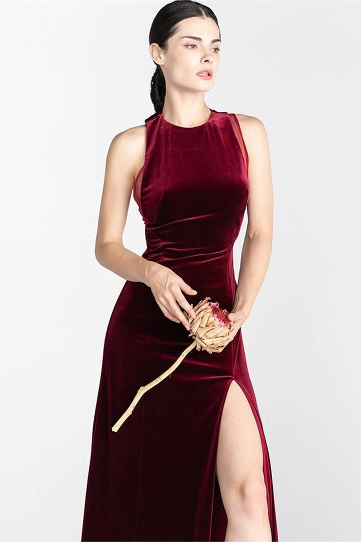 Column Burgundy Velvet Dress with Slit