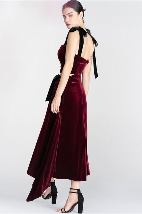 Two Piece Burgundy Velvet Midi Dress