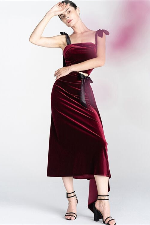 Two Piece Burgundy Velvet Midi Dress