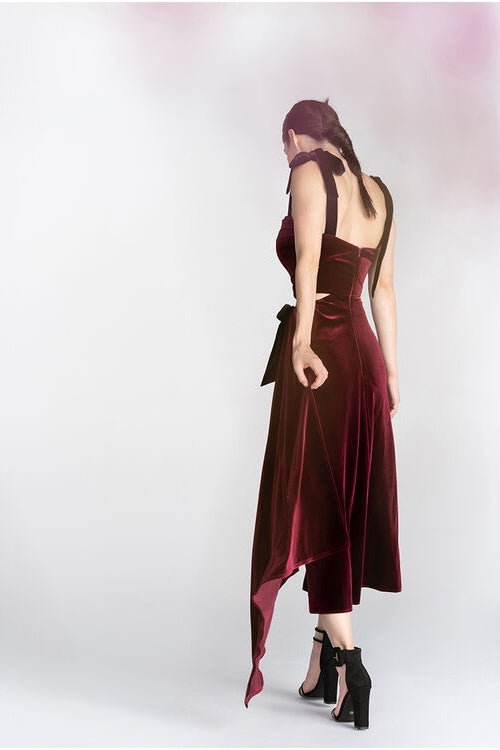 Two Piece Burgundy Velvet Midi Dress