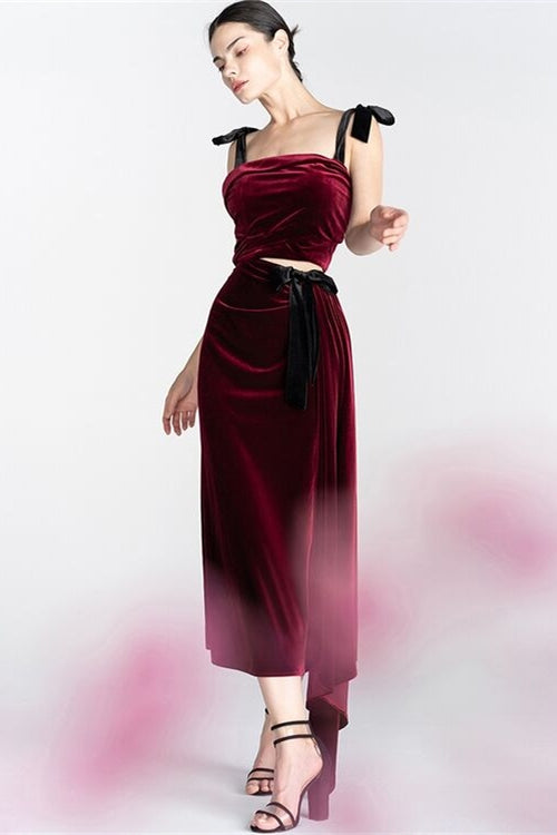 Two Piece Burgundy Velvet Midi Dress Burgundy / US 12