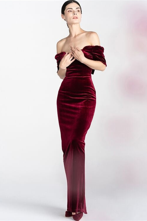 Off Shoulder Burgundy Velvet Dress with Bow