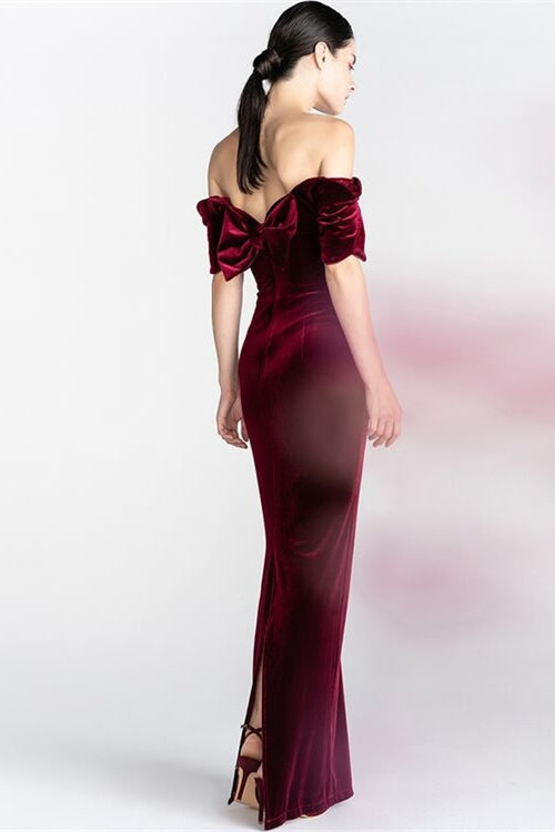 Off Shoulder Burgundy Velvet Dress with Bow