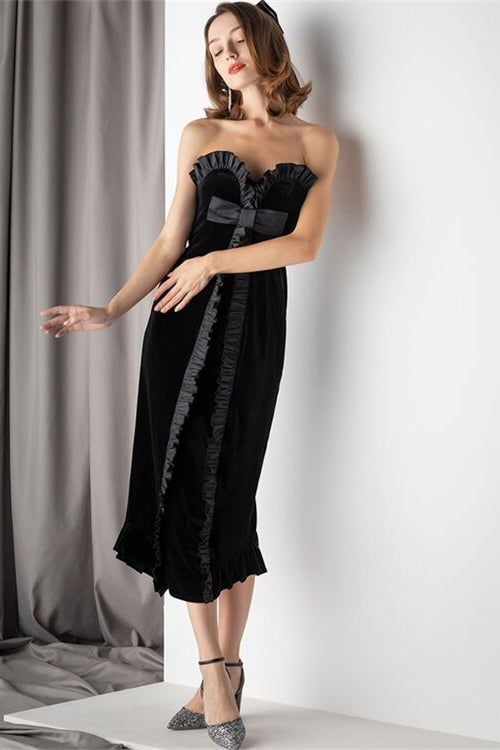 Sweetheart Black Velvet Midi Dress Black / US 12 Sweetheart Black Velvet Midi Dress Black / US 12
