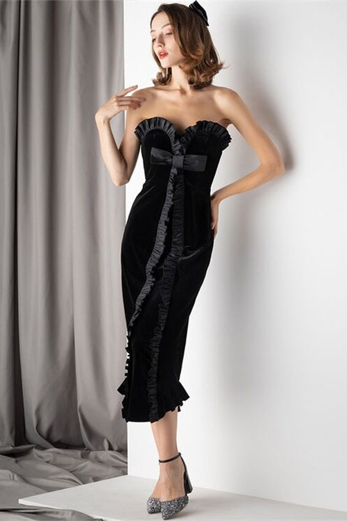 Sweetheart Black Velvet Midi Dress