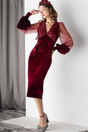 Illusion Long Sleeves Burgundy Velvet Midi Dress