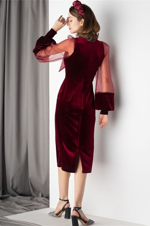 Illusion Long Sleeves Burgundy Velvet Midi Dress