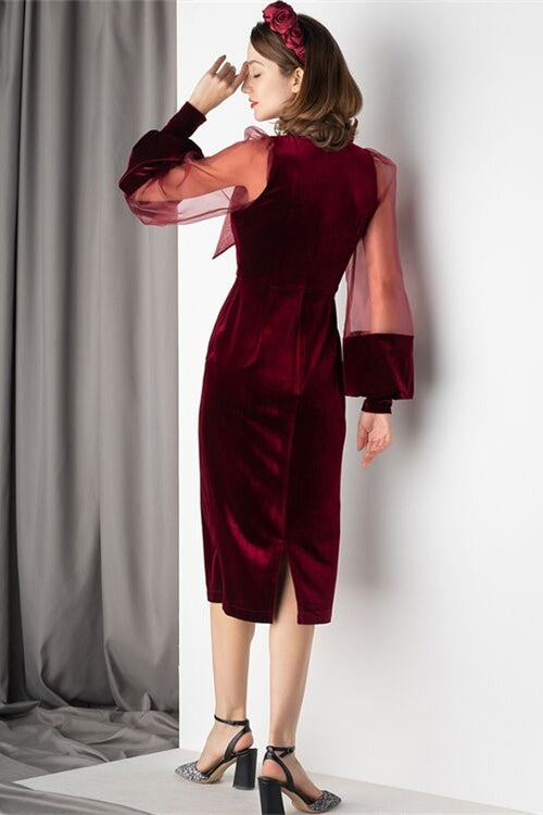 Illusion Long Sleeves Burgundy Velvet Midi Dress Burgundy / US 2 Illusion Long Sleeves Burgundy Velvet Midi Dress Burgundy / US 2