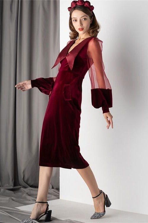 Illusion Long Sleeves Burgundy Velvet Midi Dress