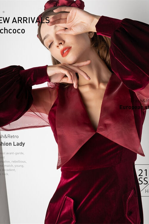 Illusion Long Sleeves Burgundy Velvet Midi Dress