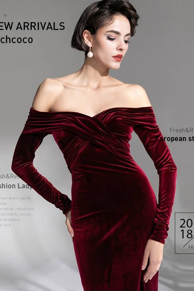 Long Sleeves Burgundy Velvet Dress - Joyofdress