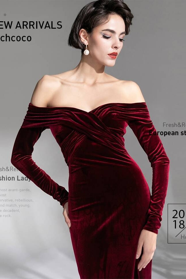 Long Sleeves Burgundy Velvet Dress