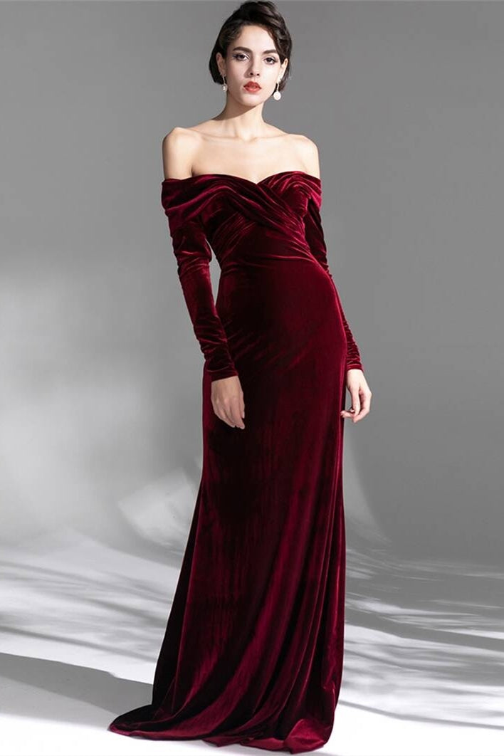 long sleeve velvet dresses Classic Evening Off Shoulder Maxi Dresses A darted bodice leads into a figure Superdry Velvet Longsleeved Mini Long