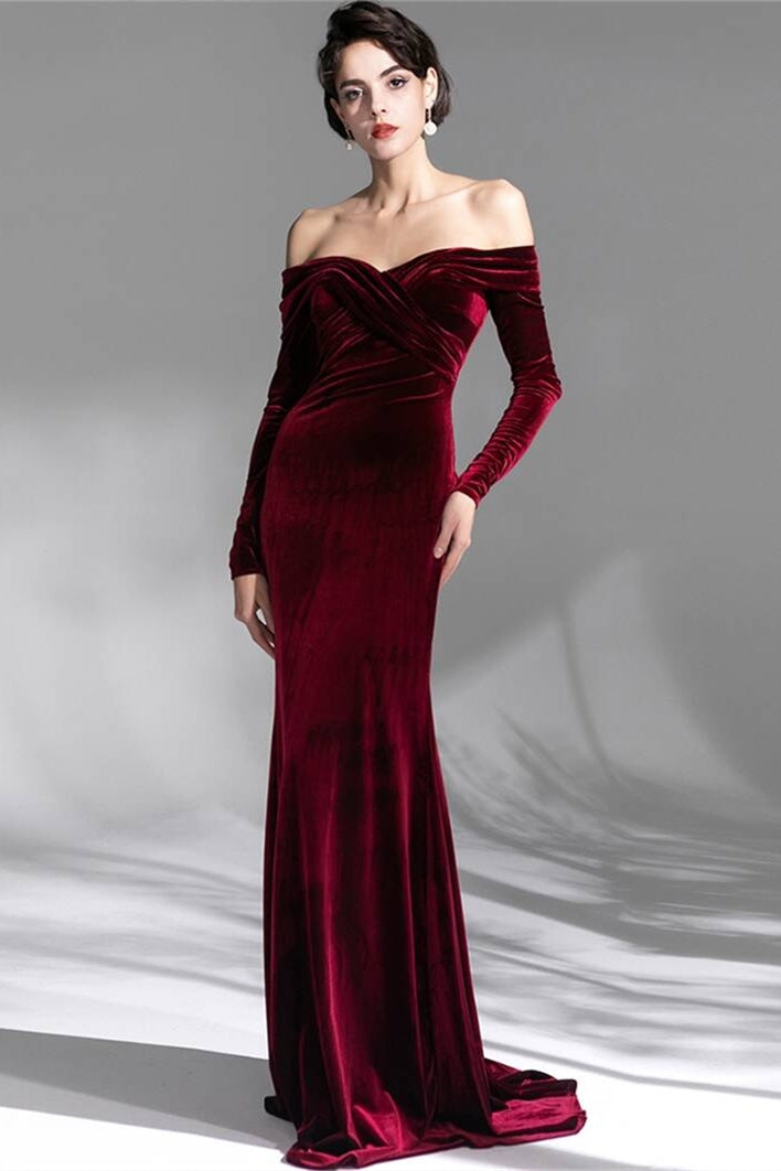 Long Sleeves Burgundy Velvet Dress