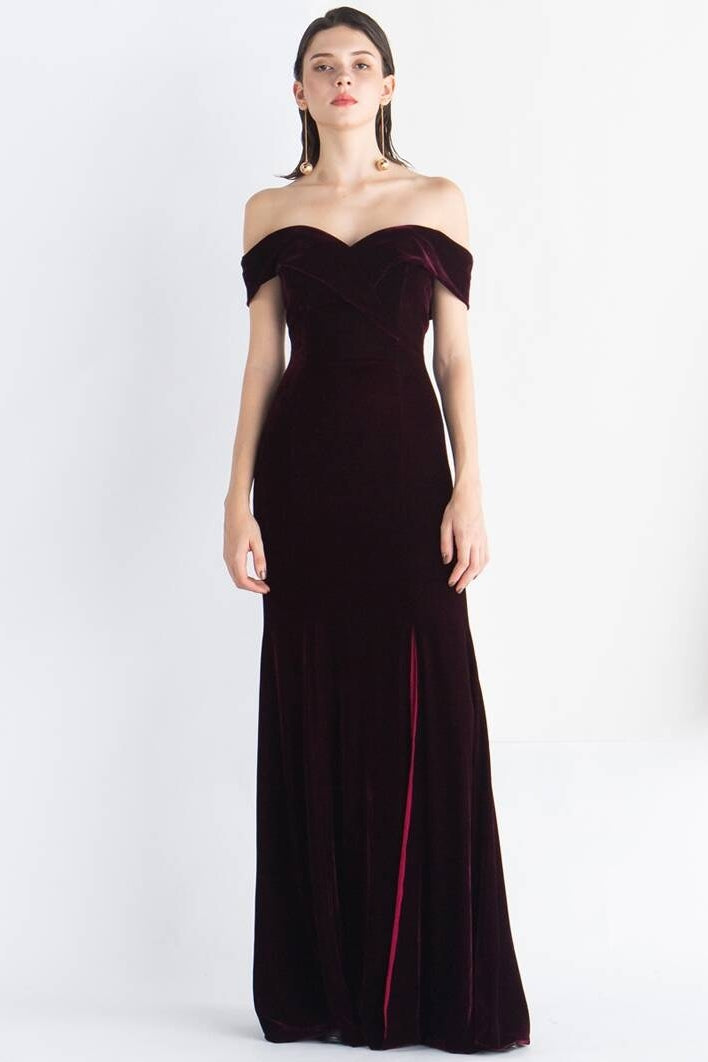 Off the Shoulder Burgundy Velvet Dress with Slit Burgundy / US 2