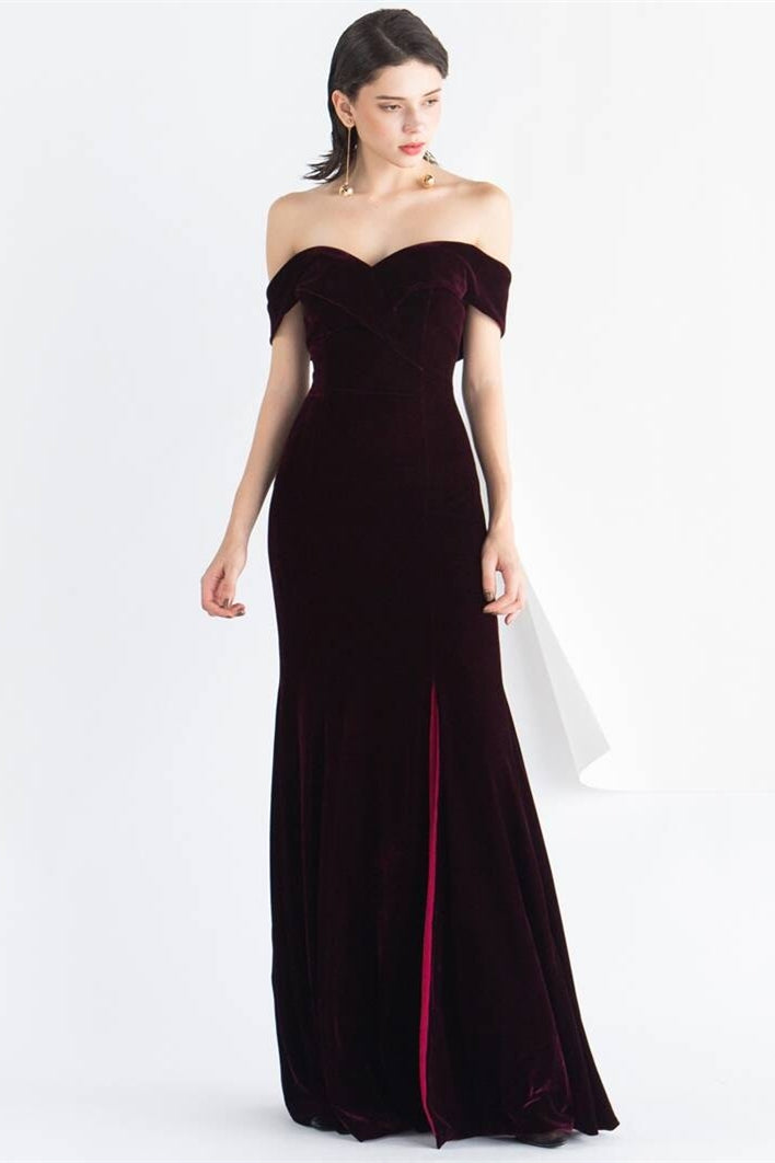 Off the Shoulder Burgundy Velvet Dress with Slit Burgundy / US 16