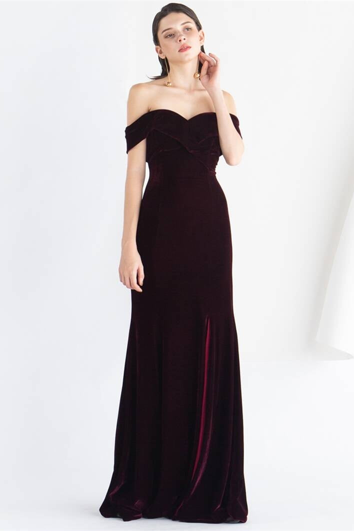 Off the Shoulder Burgundy Velvet Dress with Slit