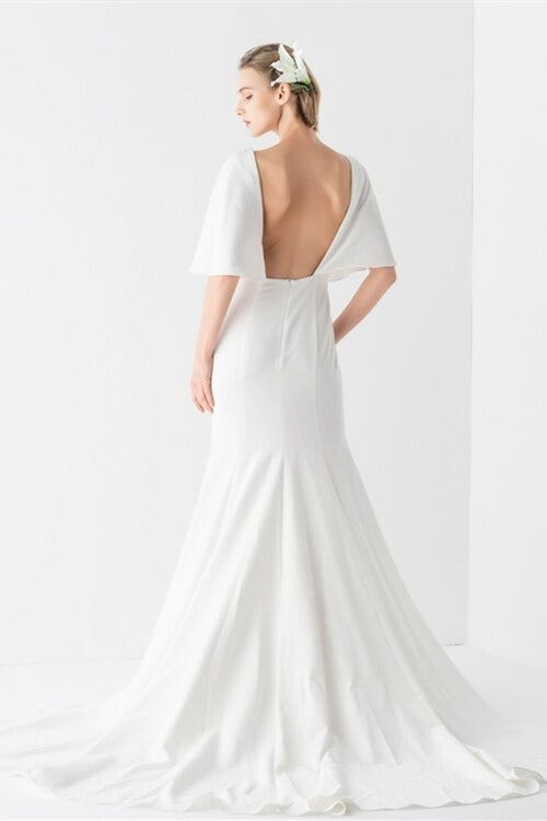 Mermaid White Crepe Long Casual Wedding Dress