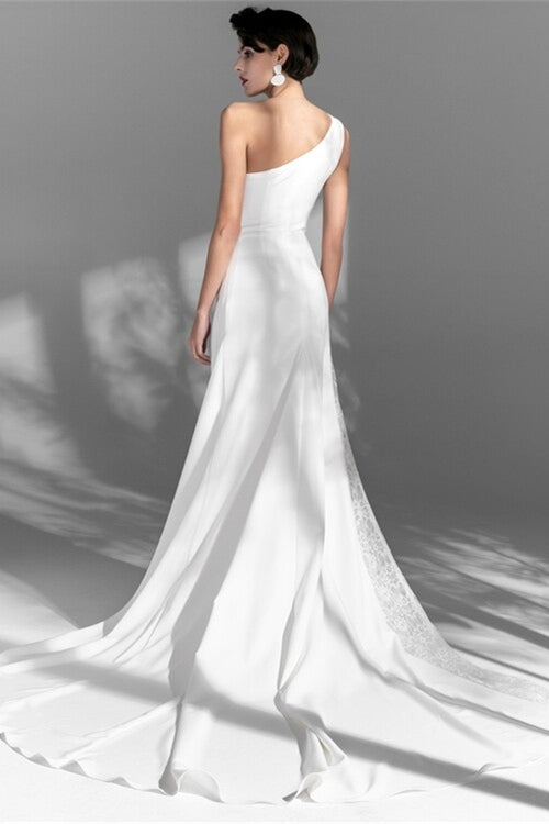 Simple One Shoulder White Long Wedding Dress