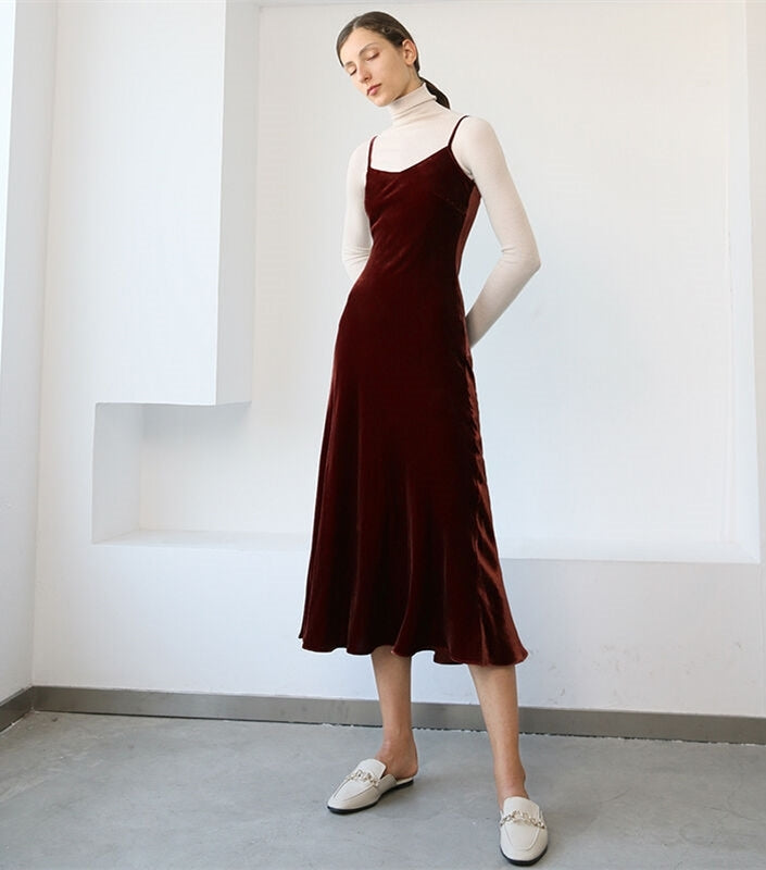 Straps Burgundy Velvet Midi Dress Burgundy / US 12 Straps Burgundy Velvet Midi Dress Burgundy / US 12