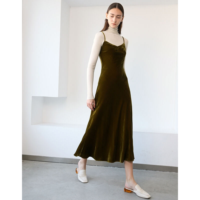 Straps Mustard Green Velvet Midi Dress