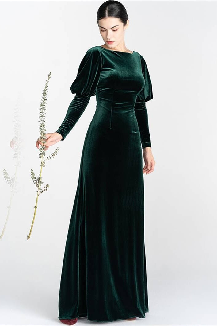 Dark Green Velvet Long Sleeves Dress Dark Green / US 2