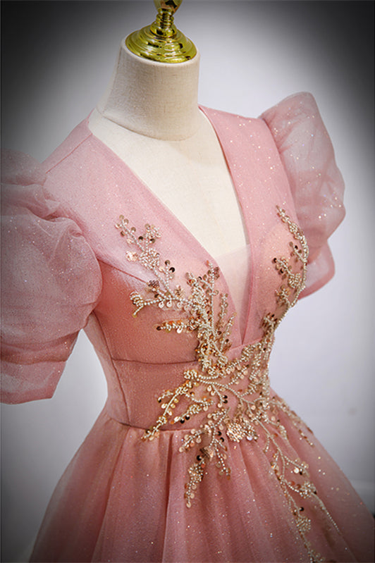 Pink V Neck Puff Sleeves Tulle Lace-Up Back Gold Beading Long Formal Dress