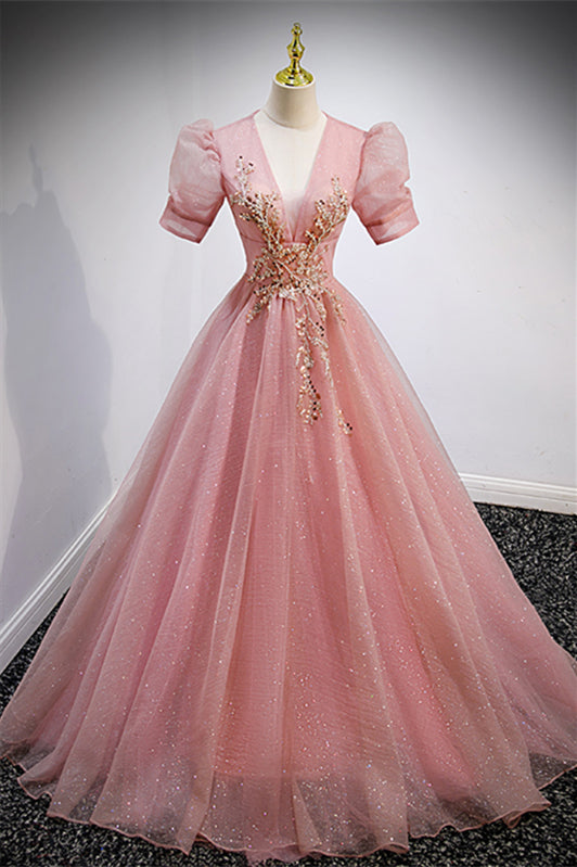 Pink V Neck Puff Sleeves Tulle Lace-Up Back Gold Beading Long Formal Dress